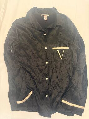 Victoria's Secret Black Polka Dot Pajama Shirt with Gold Trim